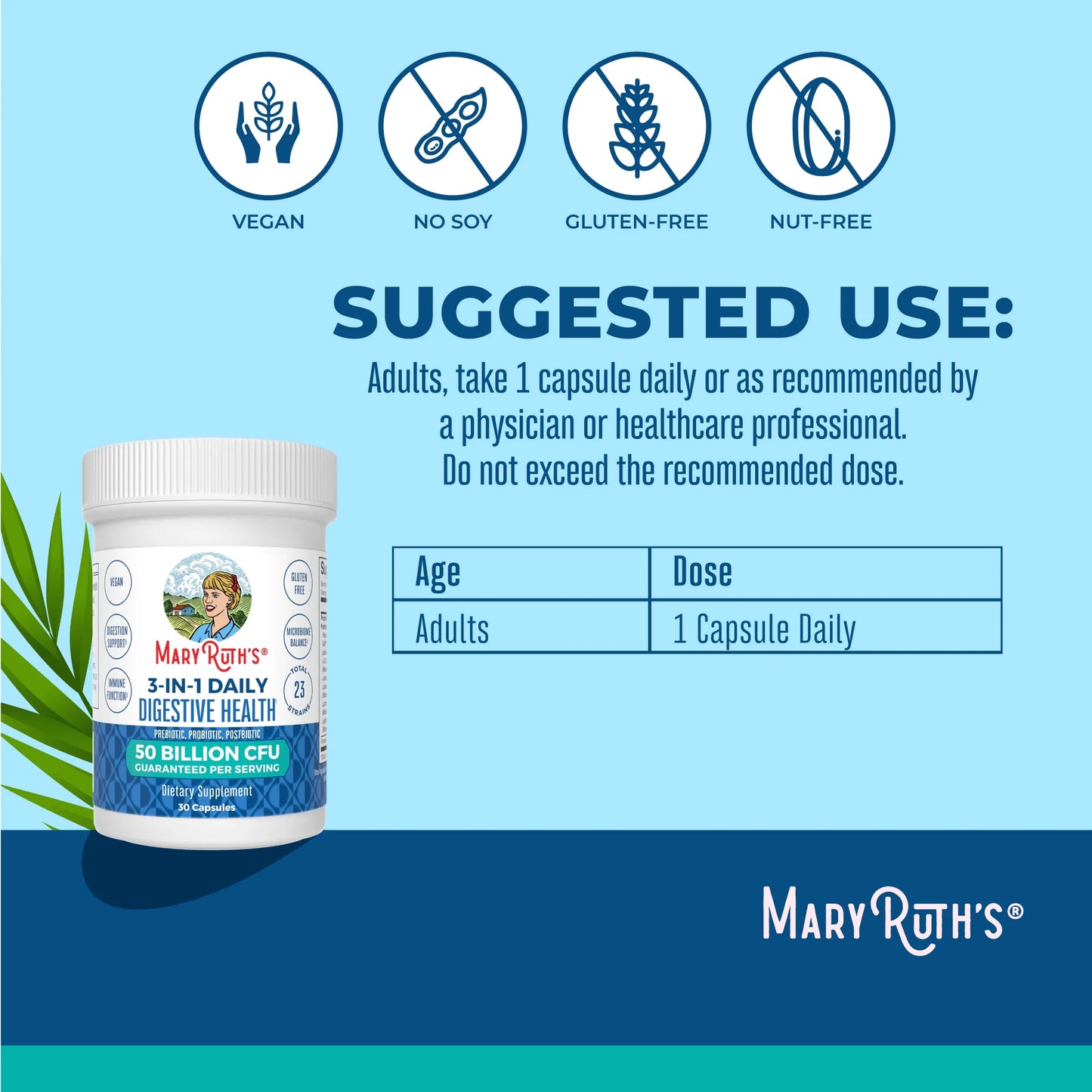 3-In-1 Probiotics Digestive Health Supplement for Women & Men, 50 Billion CFU, Allergen Free, 0.5 Oz