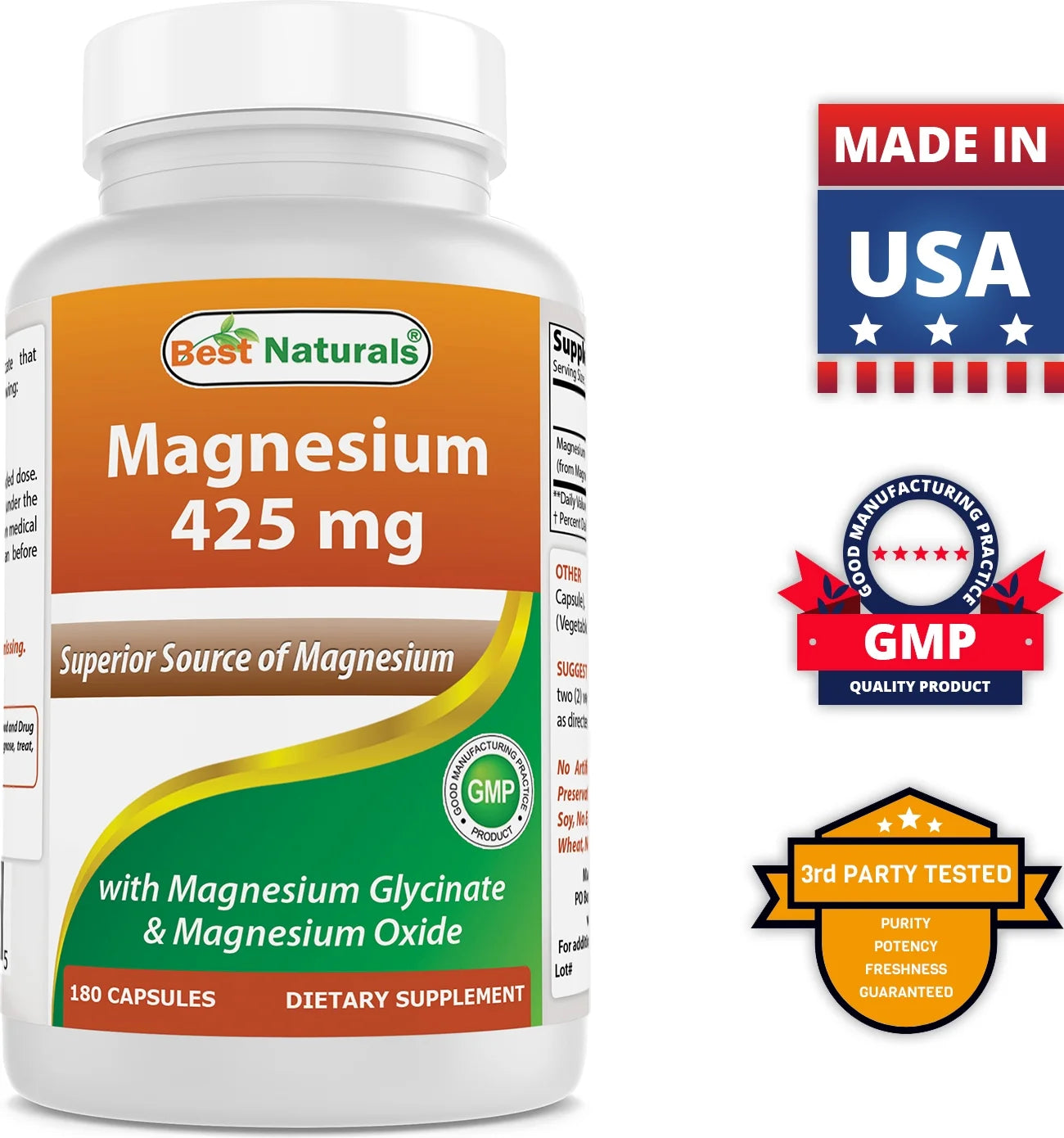 3 Pack Magnesium Glycinate 425 Mg 180 Vegetarian Capsules | High Absorption Magnesium Glycinate & Magnesium Oxide Chelated, Non-Gmo, Gluten Free Muscle Relax