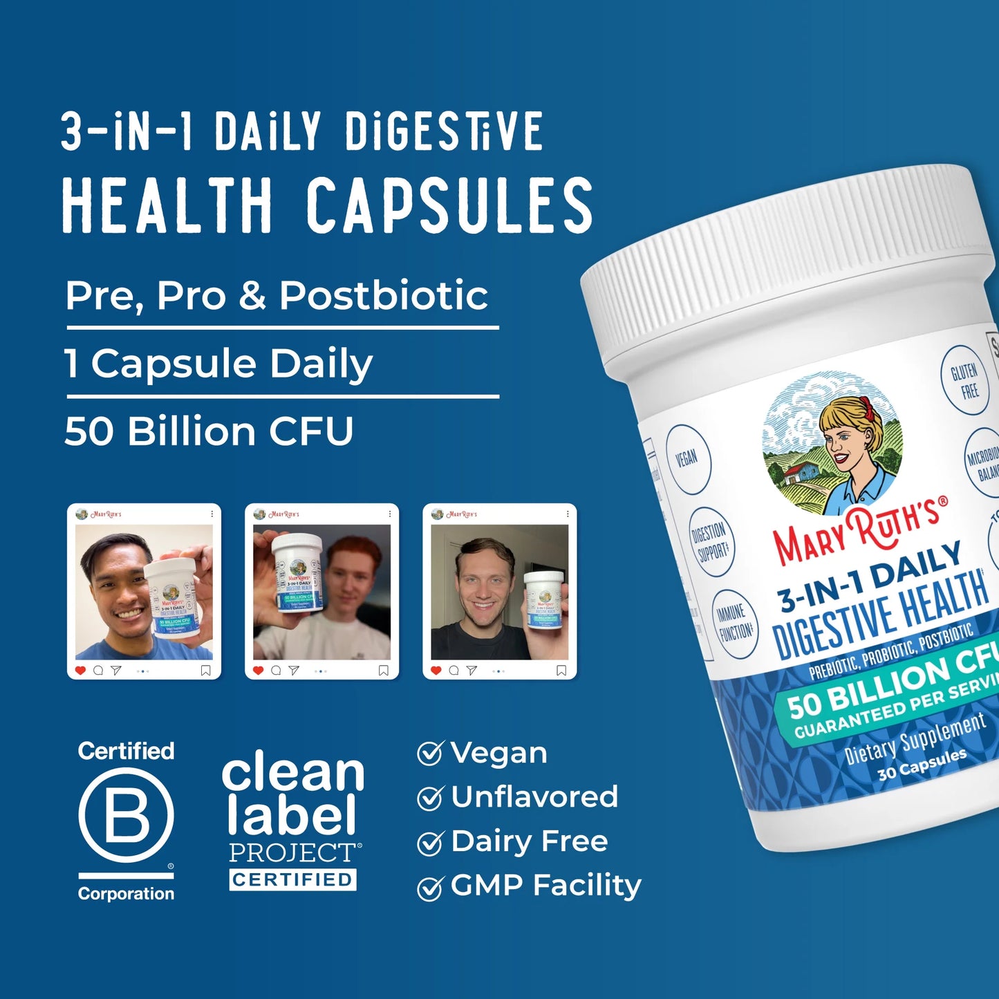3-In-1 Probiotics Digestive Health Supplement for Women & Men, 50 Billion CFU, Allergen Free, 0.5 Oz