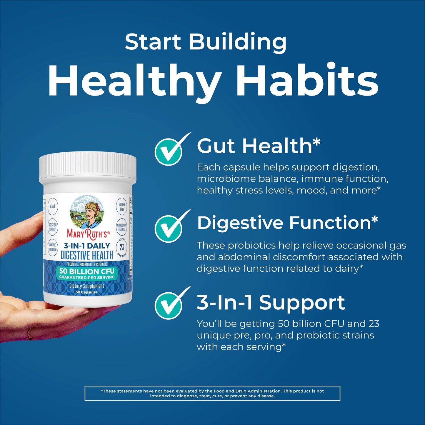 3-In-1 Probiotics Digestive Health Supplement for Women & Men, 50 Billion CFU, Allergen Free, 0.5 Oz