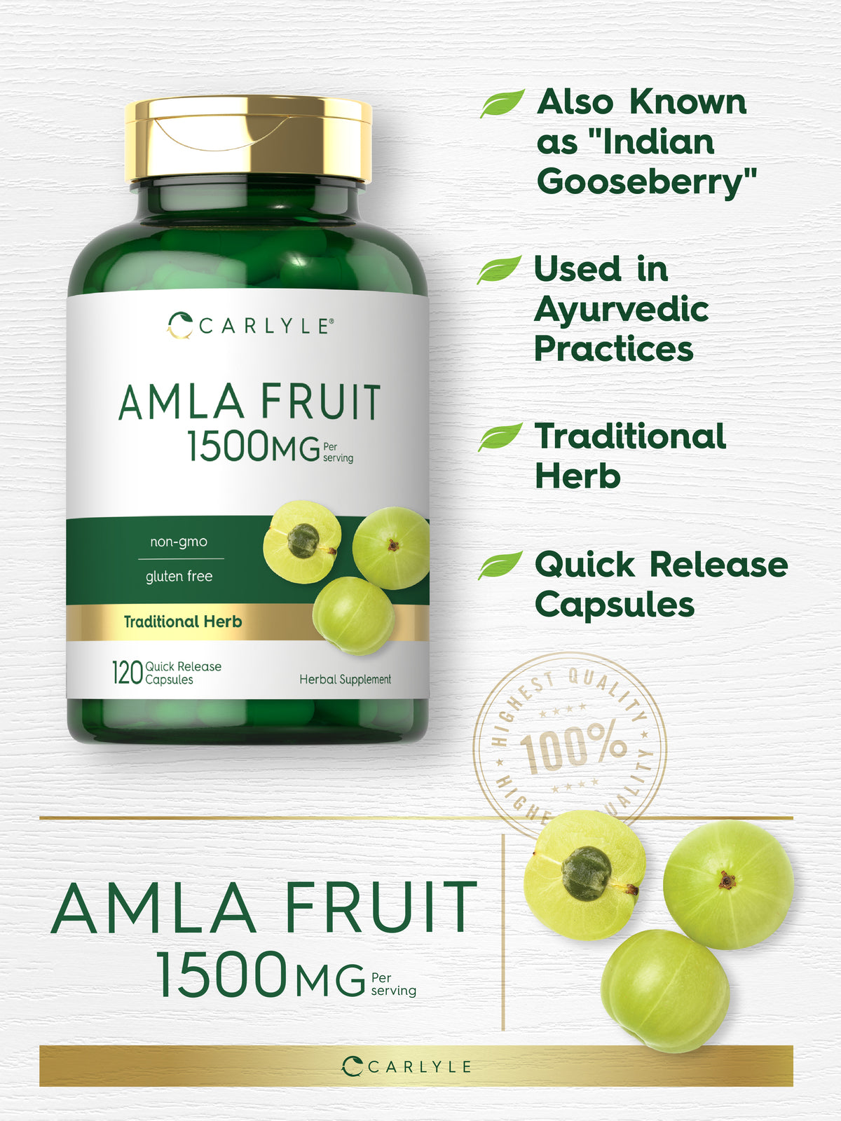 Amla Capsules | 1500Mg | 120 Count | Amalaki Fruit | Non-Gmo | by Carlyle