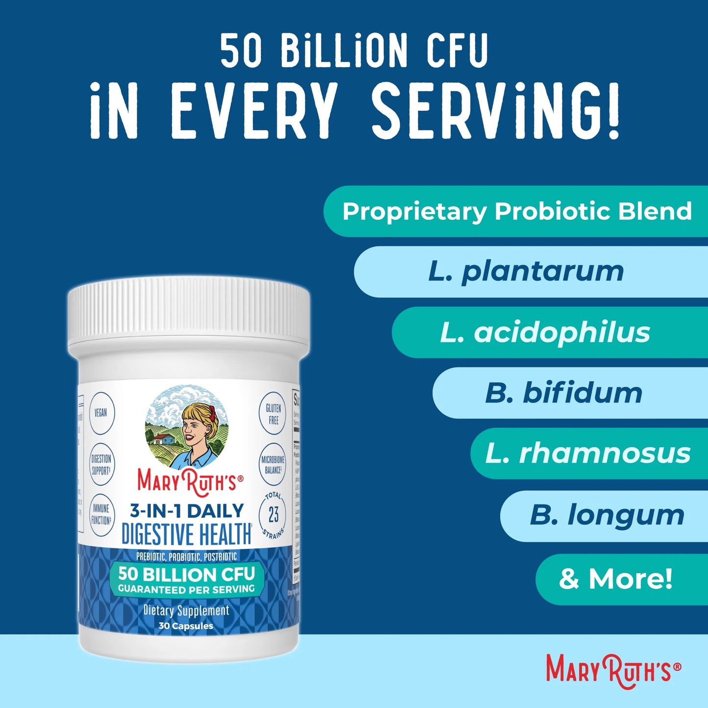 3-In-1 Probiotics Digestive Health Supplement for Women & Men, 50 Billion CFU, Allergen Free, 0.5 Oz