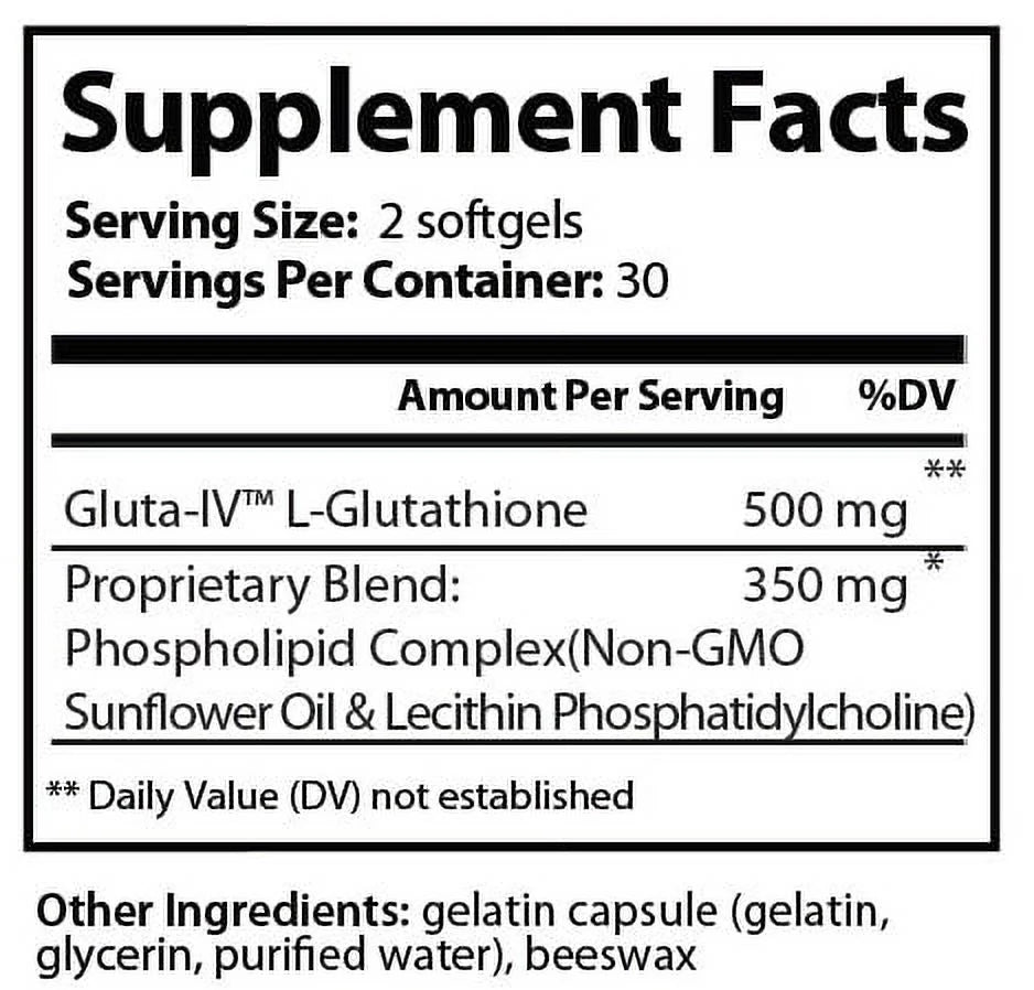 Liposomal Glutathione Supplement Antioxidant Supplement W/ Gluta-Iv™, Enhanced Absorption over Powder Glutathione. 60Total Liposomal Softgels