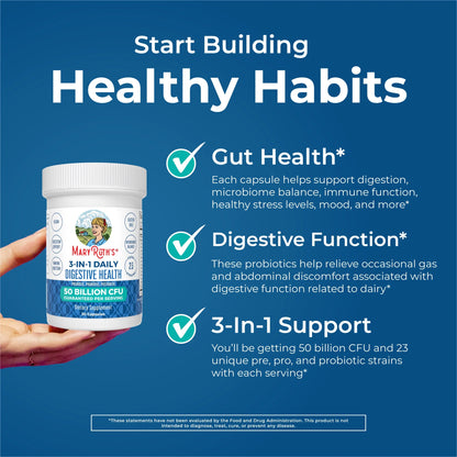 3-In-1 Probiotics Digestive Health Supplement for Women & Men, 50 Billion CFU, Allergen Free, 0.5 Oz