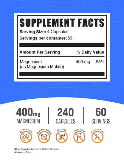 Bulksupplements Magnesium Malate Capsules, Dietary Supplement, Muscle & Energy Support, 240 Capsules