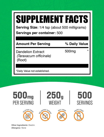 Bulksupplements Dandelion Extract Powder - 500Mg per Serving - 250 Grams (8.8 Oz) - 500 Servings