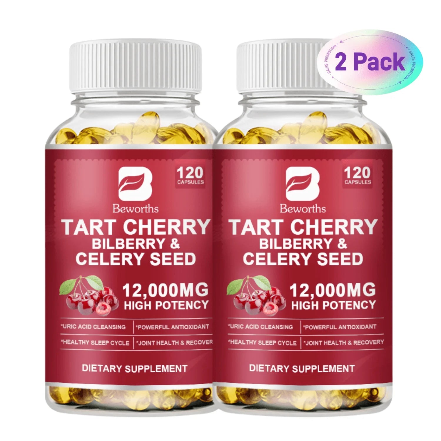 (2 Pack) Organic Tart Cherry Extract Capsules with Bilberry Fruit & Celery Seed, 1200Mg High Potency for Joint Support & Muscle Recovery, 240 Capsules Total -