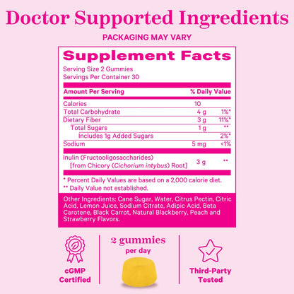 Fiber Gummies: Prebiotic Inulin for Digestive Support, 60 Gummies, Peach Berry Flavor
